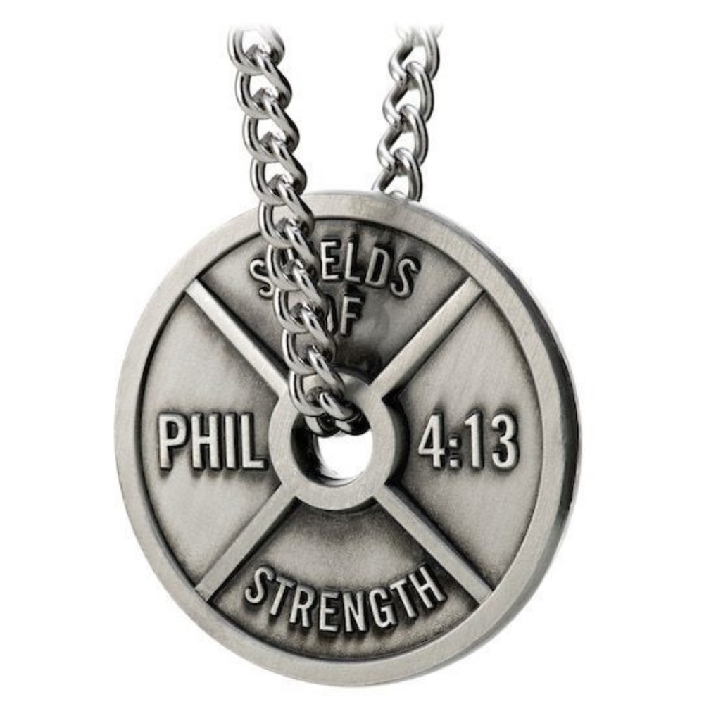 Shields of Strength Men's Antique Finish Weight Plate Necklace - Phil 4:13